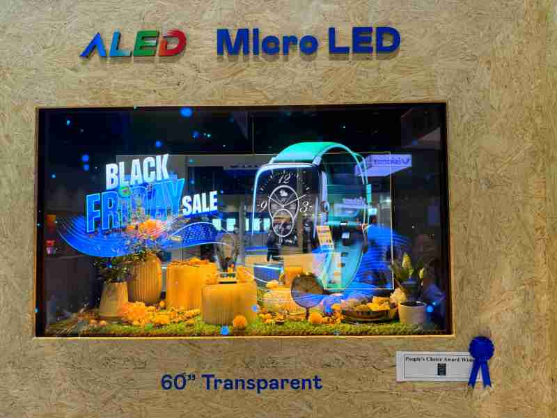 william威廉中文官网60吋高透明度Micro LED显示器获”最佳Micro LED技术应用奖”，，，将Micro LED面板透明化之设计特性极致发挥，，以可扩展性无缝拼接技术打造，，，具备600 nits全画面亮度、、、、大于60%穿透率及超过NTSC 110%的优异广色域表现，，，，可依需求灵活应用于各种场域